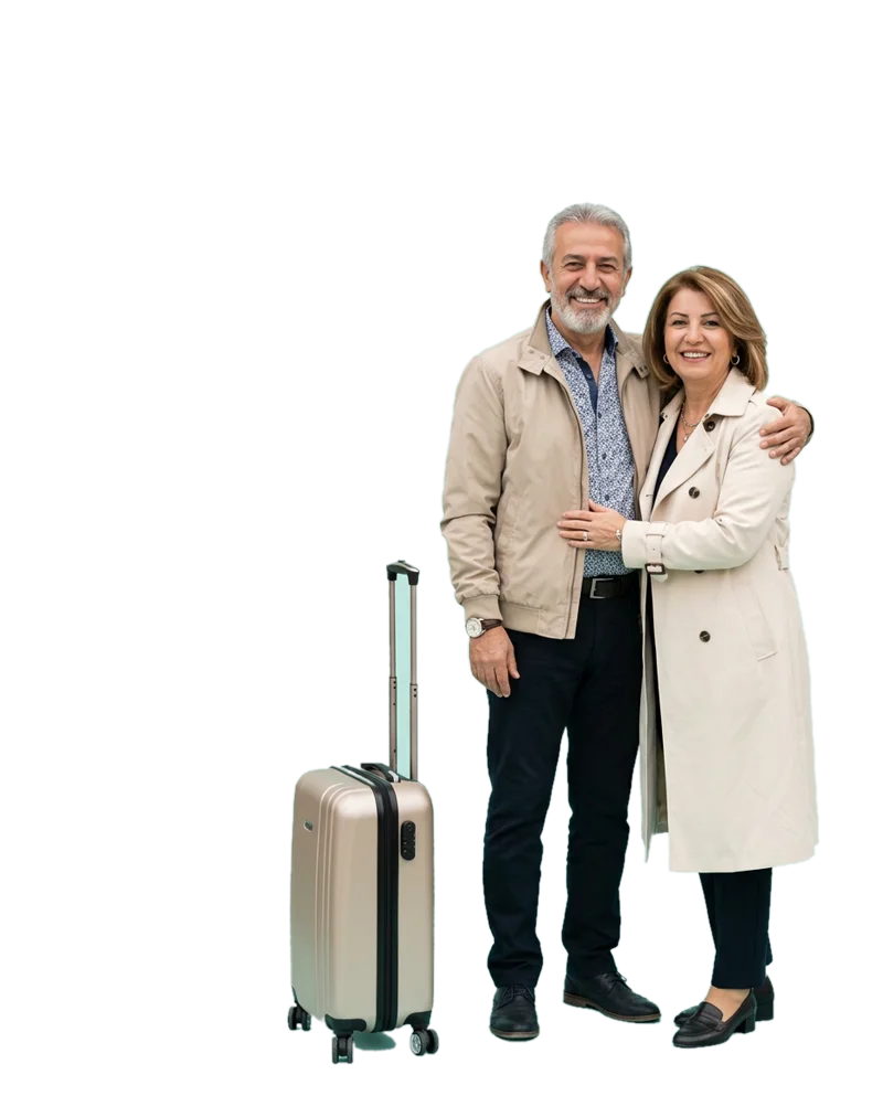 Tedavi için seyahat eden gülümseyen çift